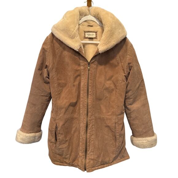 Womens Washable 100% Suede Leather Fur Lined Zip Hooded Jacket Medium Coat Beige - Picture 1 of 8